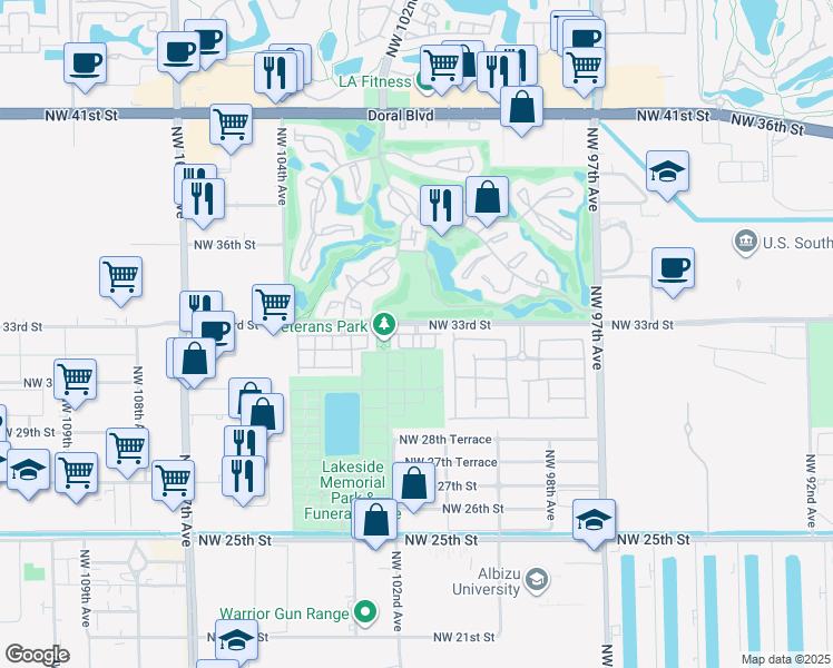 map of restaurants, bars, coffee shops, grocery stores, and more near 10161 Northwest 32nd Terrace in Doral