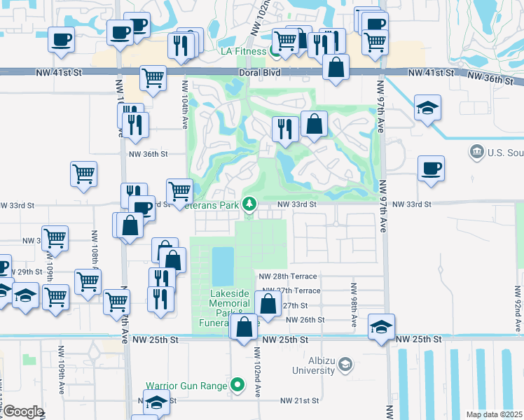 map of restaurants, bars, coffee shops, grocery stores, and more near 10161 Northwest 32nd Terrace in Doral