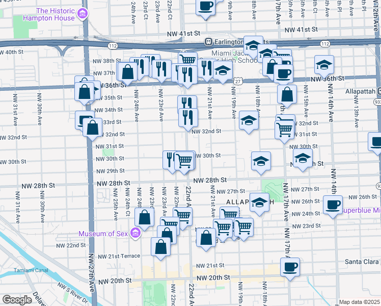 map of restaurants, bars, coffee shops, grocery stores, and more near 3042 Northwest 22nd Avenue in Miami
