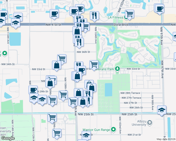 map of restaurants, bars, coffee shops, grocery stores, and more near 10451 Northwest 105th Avenue in Doral