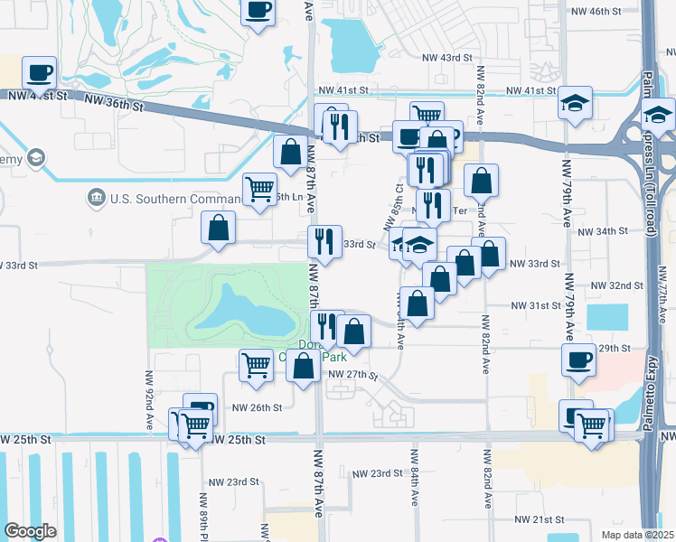 map of restaurants, bars, coffee shops, grocery stores, and more near 3271 Northwest 87th Avenue in Doral