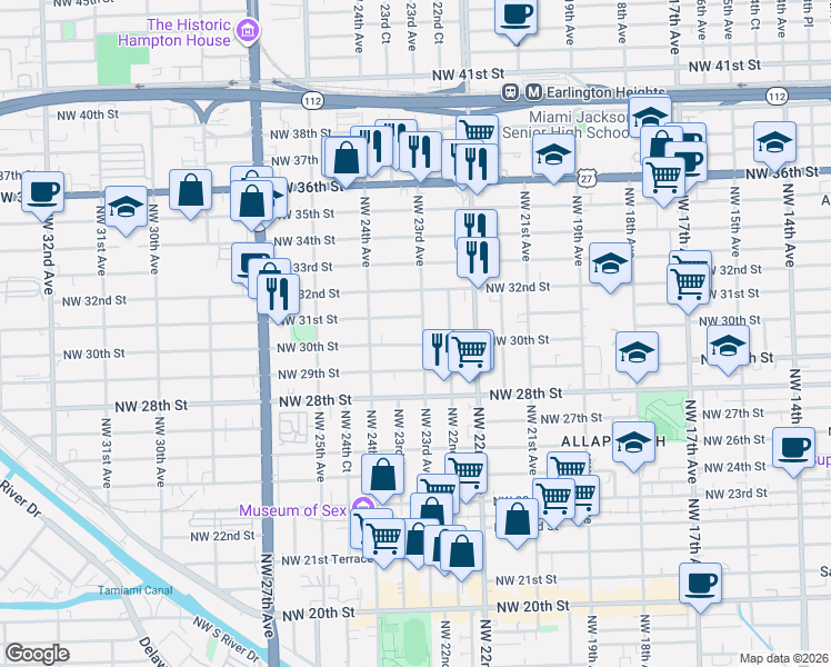map of restaurants, bars, coffee shops, grocery stores, and more near 3041 Northwest 23rd Avenue in Miami