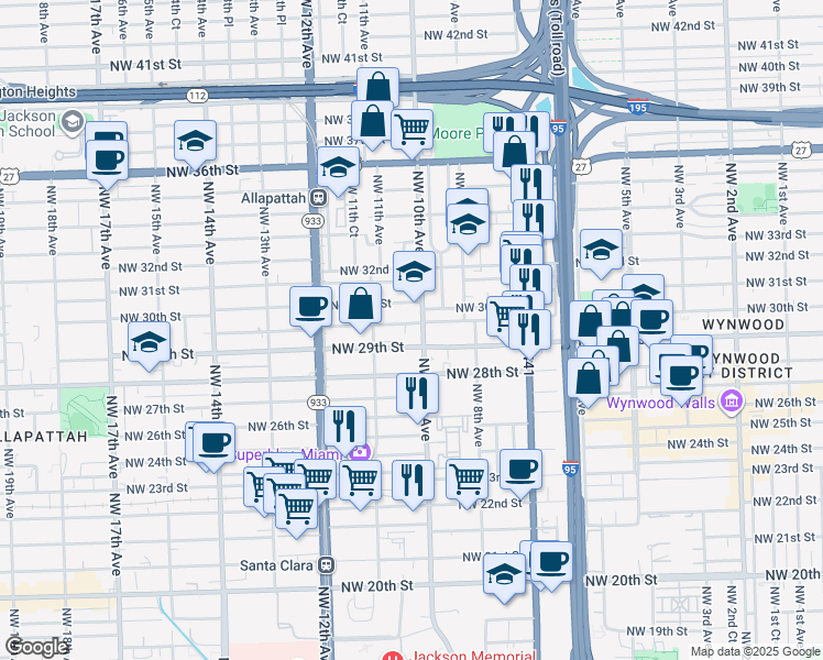 map of restaurants, bars, coffee shops, grocery stores, and more near 1051 Northwest 29th Terrace in Miami