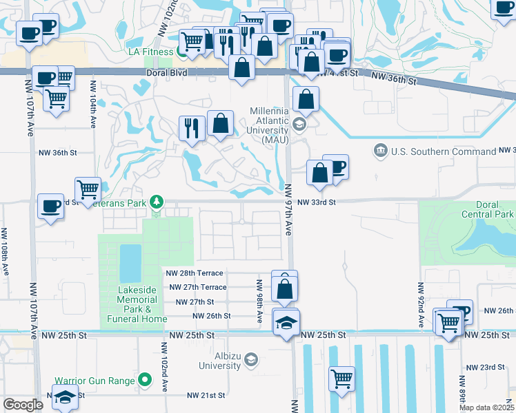 map of restaurants, bars, coffee shops, grocery stores, and more near 9803 Northwest 32nd Street in Doral