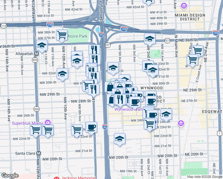map of restaurants, bars, coffee shops, grocery stores, and more near 584 Northwest 30th Street in Miami