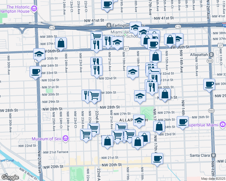 map of restaurants, bars, coffee shops, grocery stores, and more near 2000 Northwest 31st Street in Miami