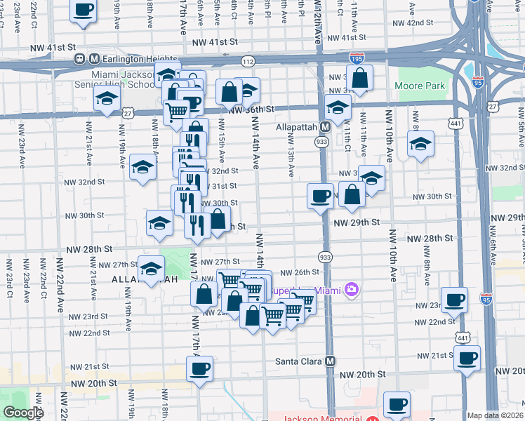 map of restaurants, bars, coffee shops, grocery stores, and more near 1410 Northwest 30th Street in Miami