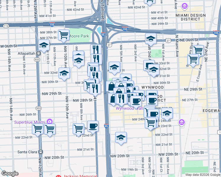 map of restaurants, bars, coffee shops, grocery stores, and more near 584 Northwest 30th Street in Miami