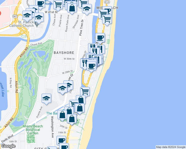 map of restaurants, bars, coffee shops, grocery stores, and more near in Miami Beach