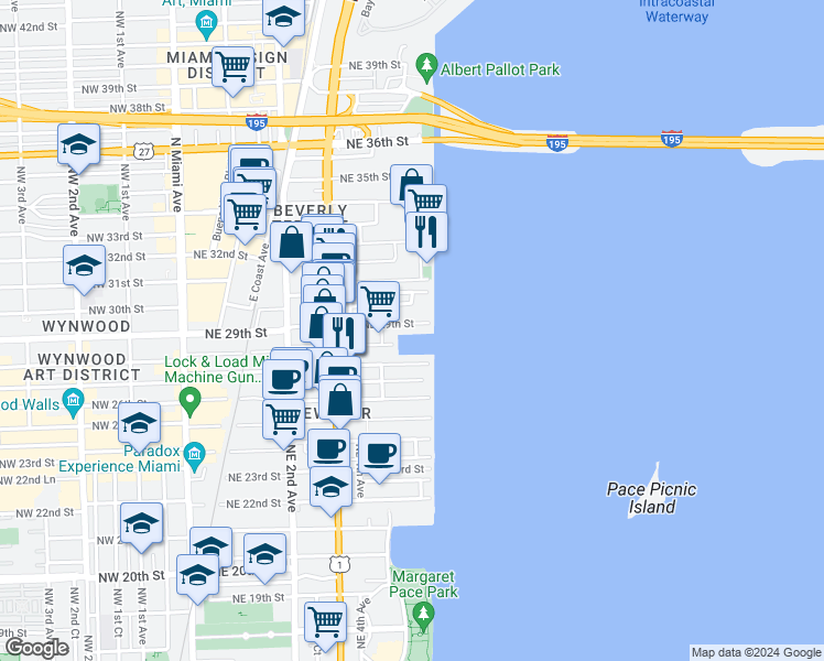 map of restaurants, bars, coffee shops, grocery stores, and more near 711 Northeast 29th Street in Miami