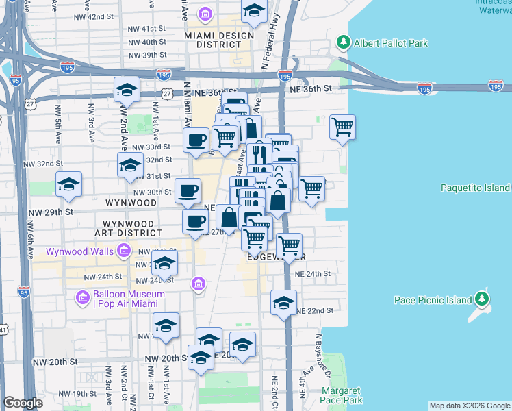 map of restaurants, bars, coffee shops, grocery stores, and more near 2920 Northeast 2nd Court in Miami