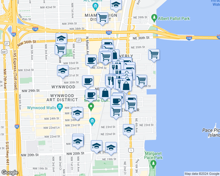 map of restaurants, bars, coffee shops, grocery stores, and more near 2920 Northeast 2nd Court in Miami