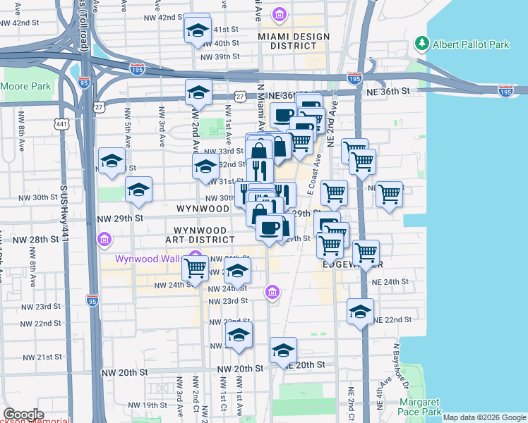 map of restaurants, bars, coffee shops, grocery stores, and more near 29 Northeast 29th Street in Miami