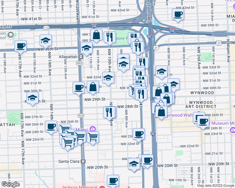 map of restaurants, bars, coffee shops, grocery stores, and more near 919 Northwest 29th Terrace in Miami