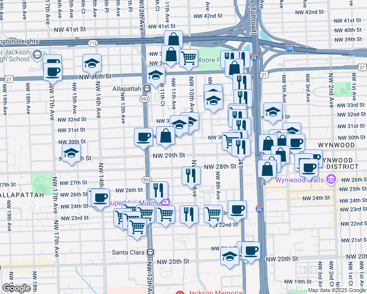 map of restaurants, bars, coffee shops, grocery stores, and more near 1051 Northwest 29th Terrace in Miami