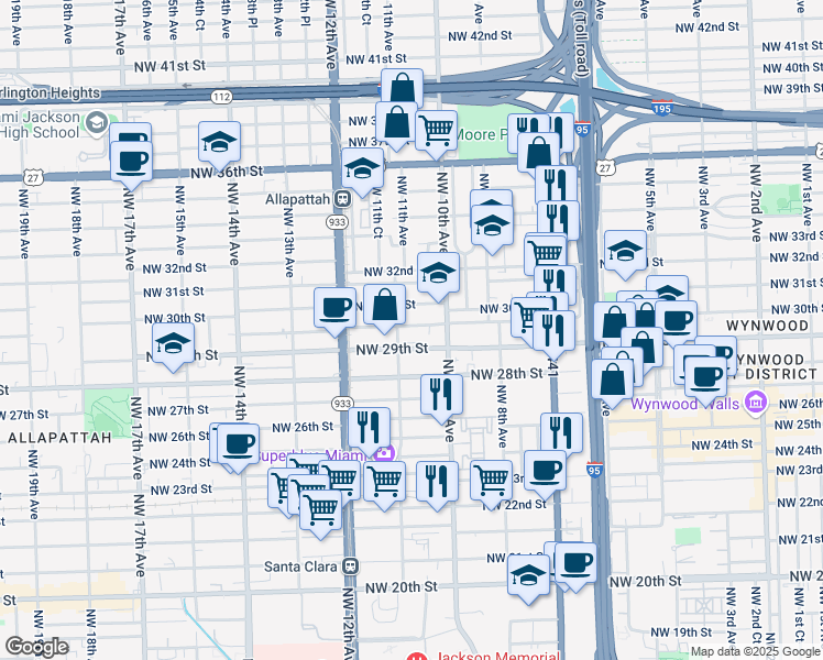 map of restaurants, bars, coffee shops, grocery stores, and more near 1051 Northwest 29th Terrace in Miami