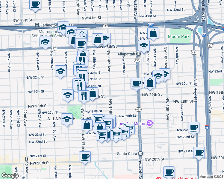 map of restaurants, bars, coffee shops, grocery stores, and more near 1410 Northwest 30th Street in Miami
