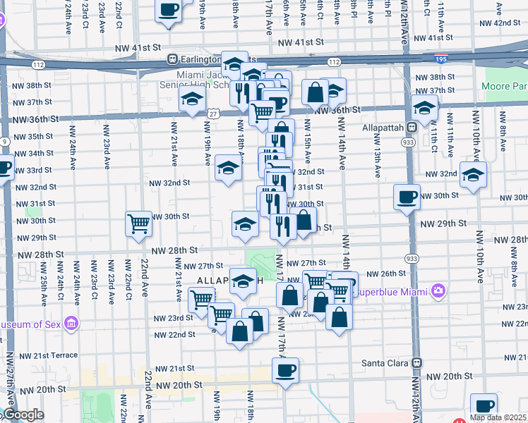 map of restaurants, bars, coffee shops, grocery stores, and more near 1731 Northwest 30th Street in Miami