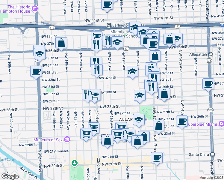 map of restaurants, bars, coffee shops, grocery stores, and more near 2000 Northwest 31st Street in Miami