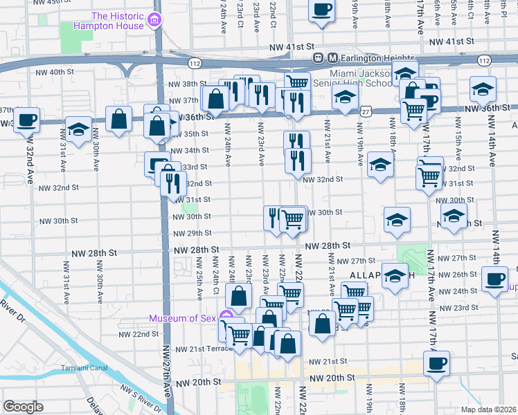 map of restaurants, bars, coffee shops, grocery stores, and more near 3041 Northwest 23rd Avenue in Miami