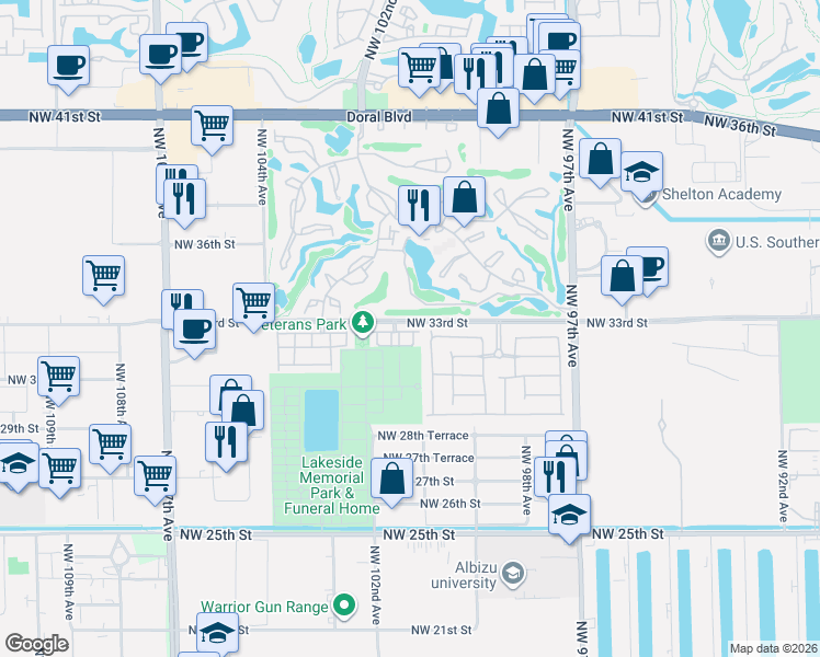 map of restaurants, bars, coffee shops, grocery stores, and more near 10011 Northwest 32nd Terrace in Doral