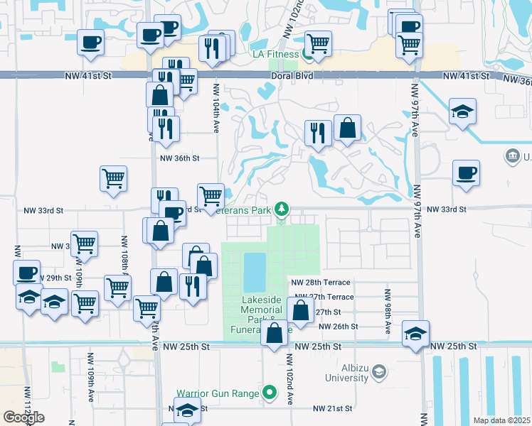 map of restaurants, bars, coffee shops, grocery stores, and more near 3309 Torremolinos Avenue in Doral