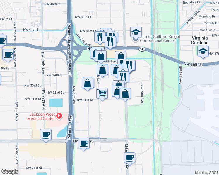 map of restaurants, bars, coffee shops, grocery stores, and more near 3333 Northwest 31st Terrace in Miami