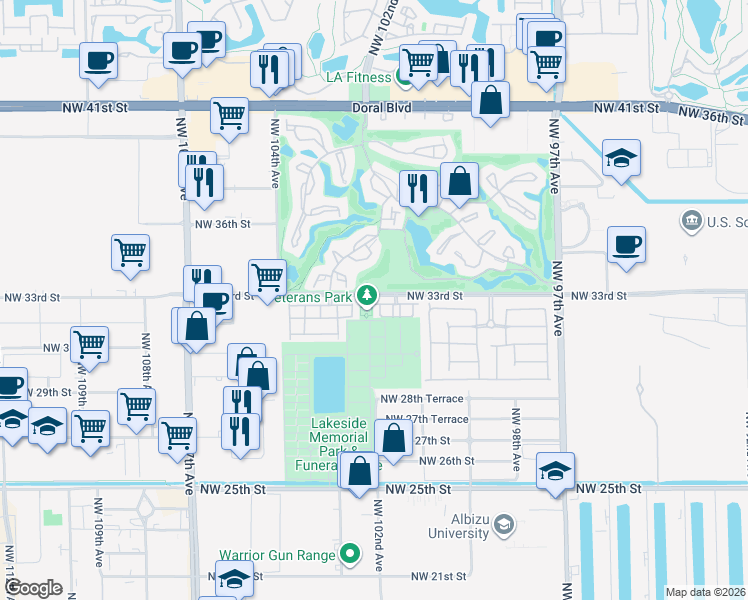 map of restaurants, bars, coffee shops, grocery stores, and more near 10191 Northwest 32nd Terrace in Doral