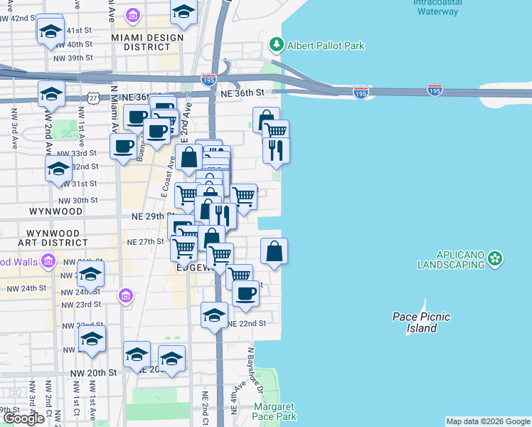 map of restaurants, bars, coffee shops, grocery stores, and more near 485 Northeast 29th Street in Miami