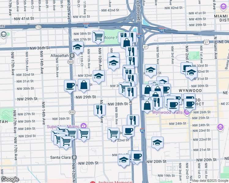 map of restaurants, bars, coffee shops, grocery stores, and more near 797 Northwest 29th Terrace in Miami