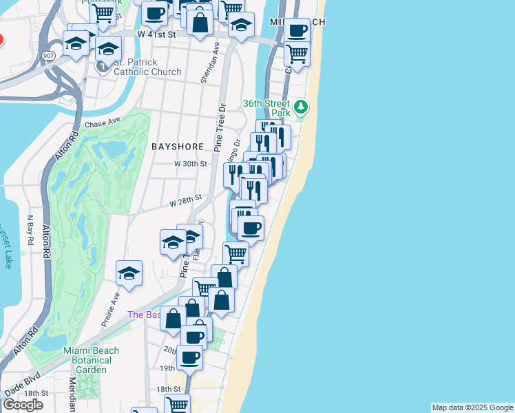 map of restaurants, bars, coffee shops, grocery stores, and more near 2800 Florida A1A in Miami Beach
