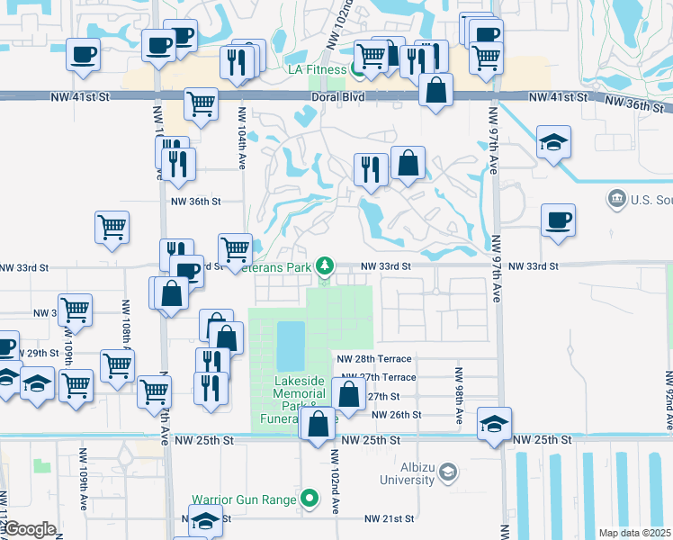 map of restaurants, bars, coffee shops, grocery stores, and more near 10161 Northwest 32nd Terrace in Doral