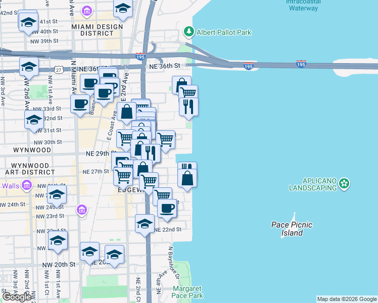 map of restaurants, bars, coffee shops, grocery stores, and more near 700 Northeast 29th Street in Miami