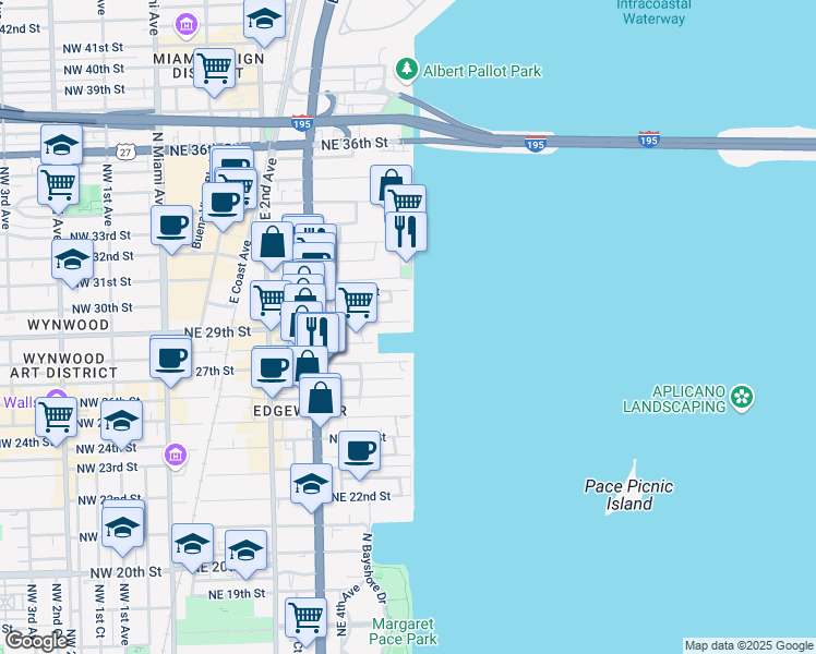 map of restaurants, bars, coffee shops, grocery stores, and more near 711 Northeast 29th Street in Miami