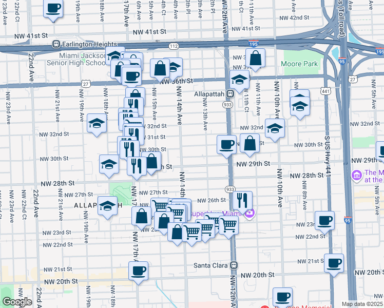 map of restaurants, bars, coffee shops, grocery stores, and more near 1352 Northwest 30th Street in Miami
