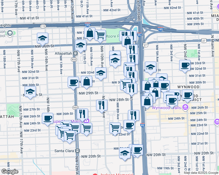 map of restaurants, bars, coffee shops, grocery stores, and more near 919 Northwest 29th Terrace in Miami
