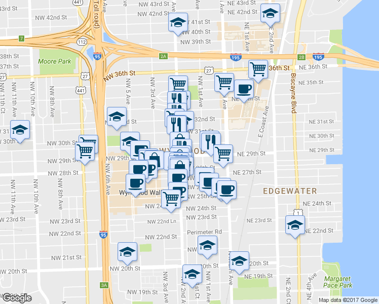map of restaurants, bars, coffee shops, grocery stores, and more near in Miami