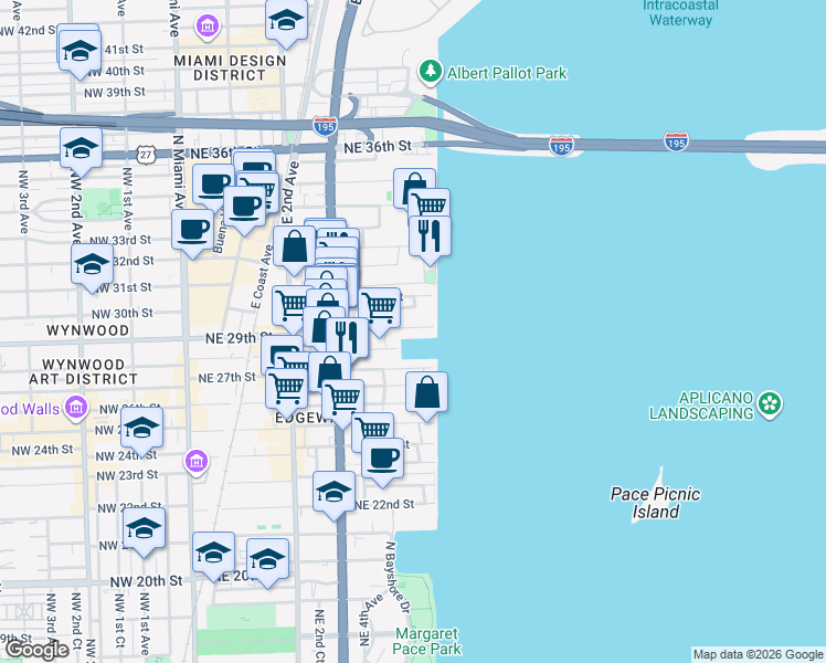 map of restaurants, bars, coffee shops, grocery stores, and more near 485 Northeast 29th Street in Miami