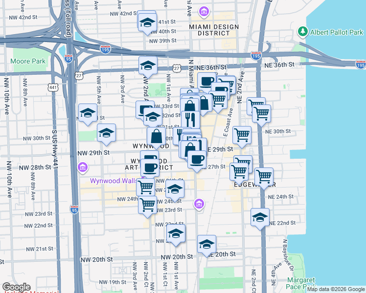 map of restaurants, bars, coffee shops, grocery stores, and more near 40 15th Street Northwest in Miami