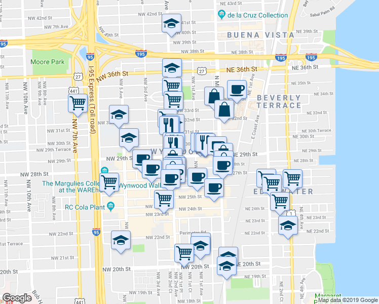 map of restaurants, bars, coffee shops, grocery stores, and more near in Miami