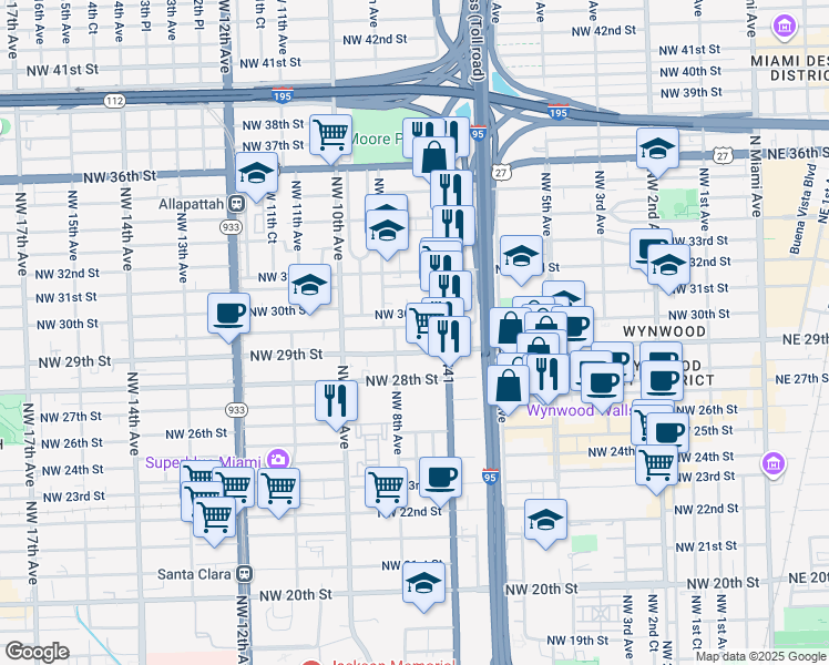 map of restaurants, bars, coffee shops, grocery stores, and more near 720 Northwest 30th Street in Miami