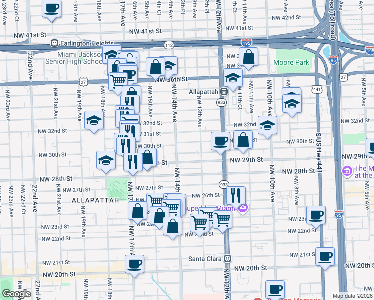 map of restaurants, bars, coffee shops, grocery stores, and more near 1352 Northwest 30th Street in Miami