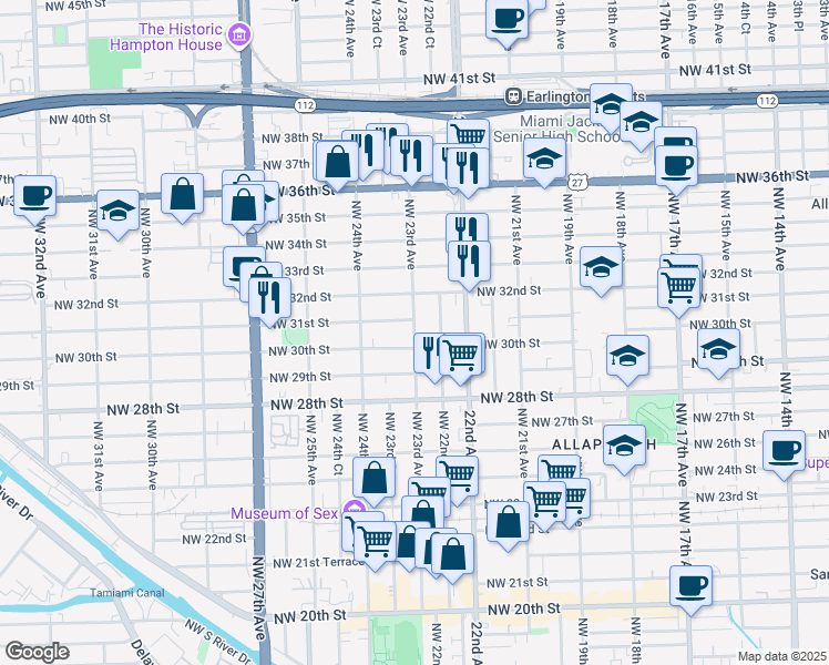 map of restaurants, bars, coffee shops, grocery stores, and more near 3041 Northwest 23rd Avenue in Miami