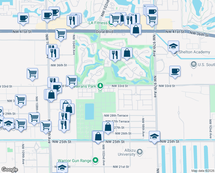 map of restaurants, bars, coffee shops, grocery stores, and more near 10161 Northwest 32nd Terrace in Doral