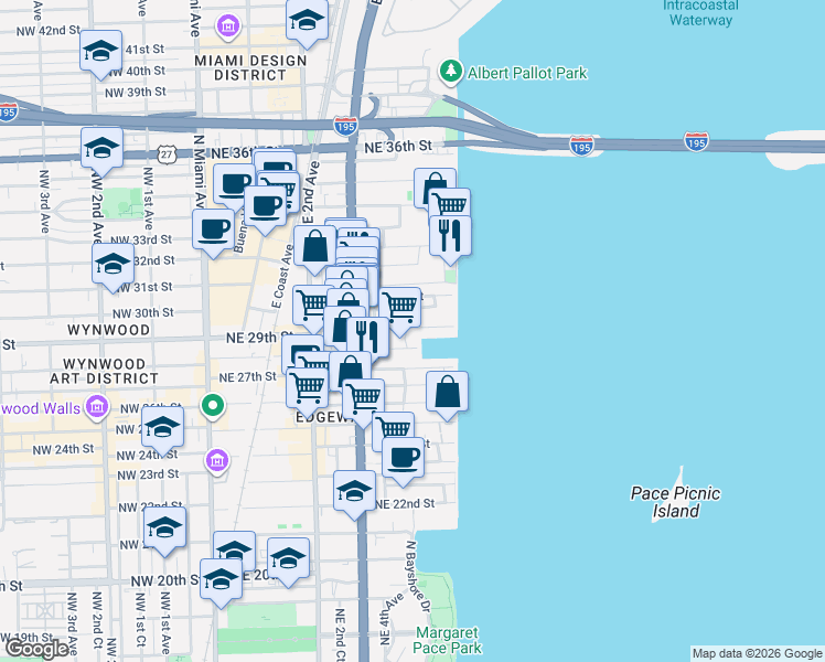 map of restaurants, bars, coffee shops, grocery stores, and more near 485 Northeast 29th Street in Miami
