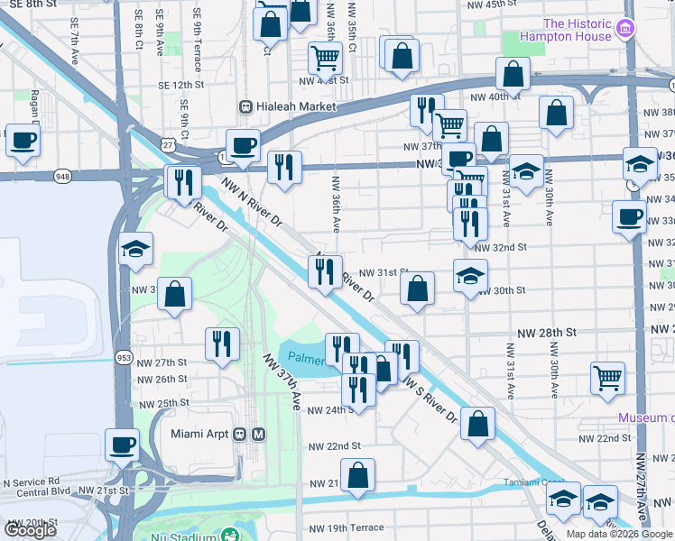 map of restaurants, bars, coffee shops, grocery stores, and more near 3601 Northwest North River Drive in Miami