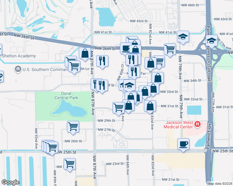 map of restaurants, bars, coffee shops, grocery stores, and more near 8400 Northwest 33rd Street in Doral