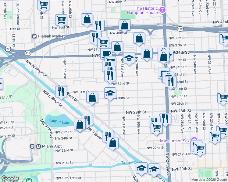 map of restaurants, bars, coffee shops, grocery stores, and more near 3135 Northwest 31st Street in Miami