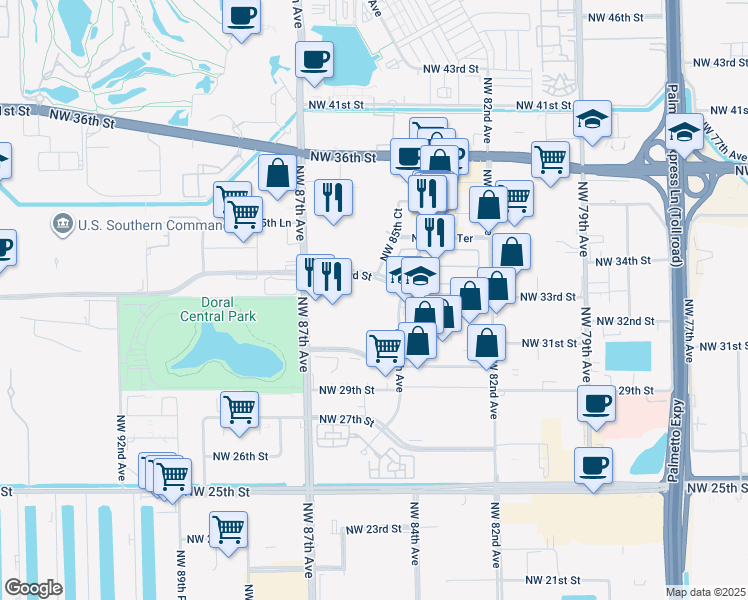 map of restaurants, bars, coffee shops, grocery stores, and more near 8400 Northwest 33rd Street in Miami