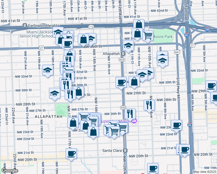 map of restaurants, bars, coffee shops, grocery stores, and more near 1286 Northwest 30th Street in Miami
